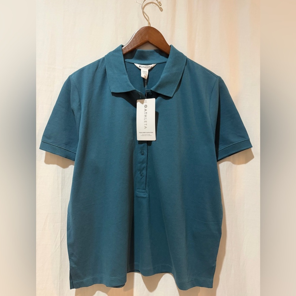 NWT Athleta Classic Pique Short Sleeves Polo Shirt Top w. Buttons - Teal - Sz XL - Picture 4 of 11